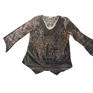 One World Velour Paisley V-Neck Top Size M Lace Trim Romantic Boho Festival Y2K